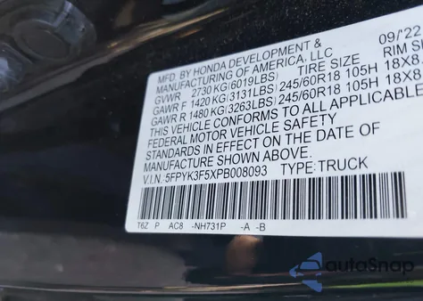 2023 Honda Ridgeline Rtl из США, поврежденный, VIN 5FPYK3F5XPB008093